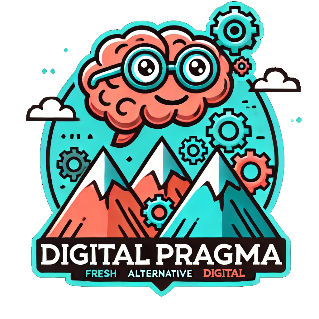 Logo de Digital-pragma combianant montagnes, rouages et un petit cerveau sympathique